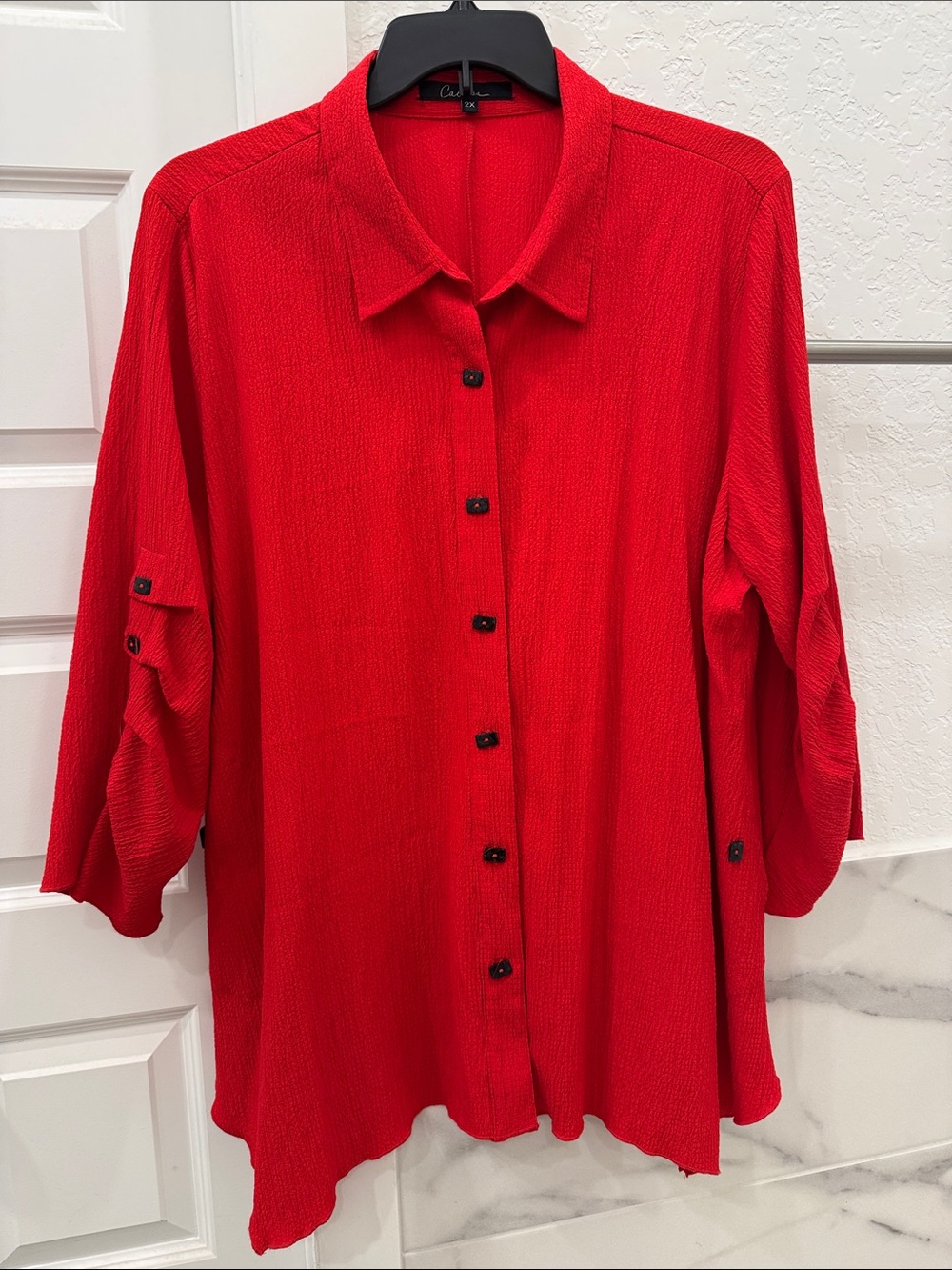 Caleoas Bold Red Button-Front Collared Blouse! Can be worn as a jacket!